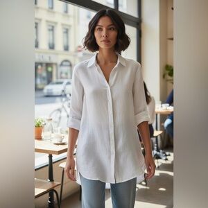 TAHARI 100% Linen Roll Tab Sleeve Button Front Tunic Top Large